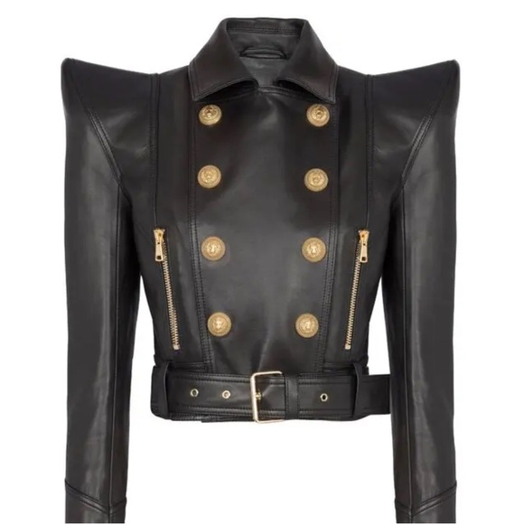 Balmain Black Leather Jacket with Gold Buttons